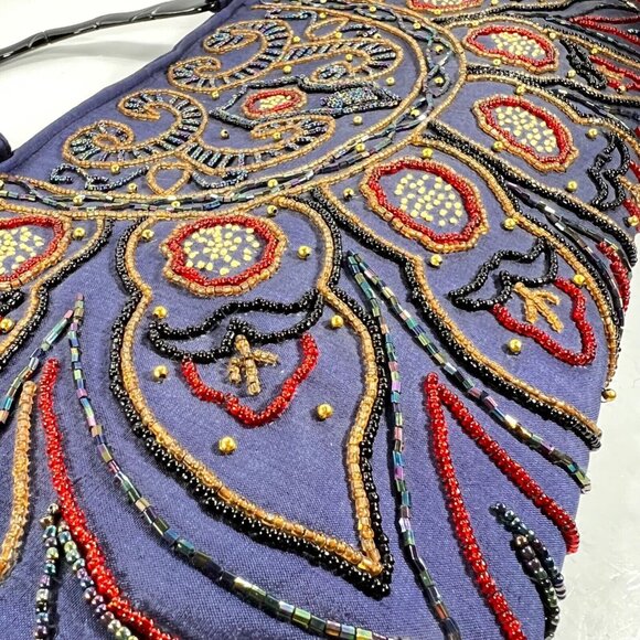 Blue Purple Beaded Purse Handbag Acrylic Bamboo style Handles Unbranded Zipper - Picture 3 of 14